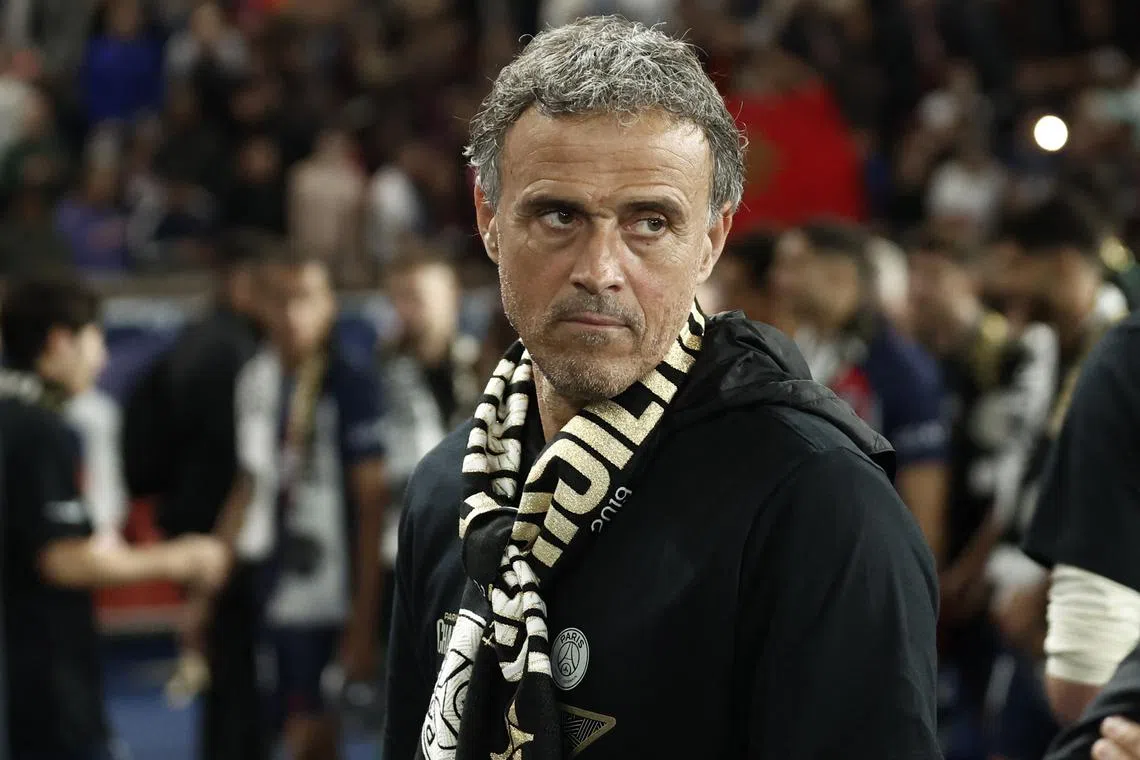Soccer Football - Ligue 1 - Paris St Germain v Toulouse - Parc des Princes, Paris, France - May 13, 2024 Paris St Germain coach Luis Enrique after winning the Ligue 1 REUTERS/Benoit Tessier