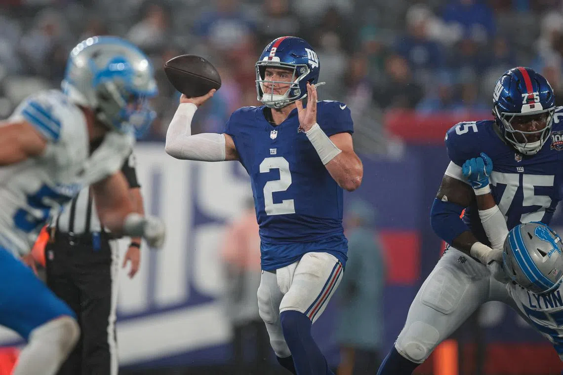 Aug 8, 2024; East Rutherford, New Jersey, USA; New York Giants quarterback Drew Lock (2) throws the ball during the first half against the Detroit Lions at MetLife Stadium. Mandatory Credit: Vincent Carchietta-USA TODAY Sports/ File Photo
