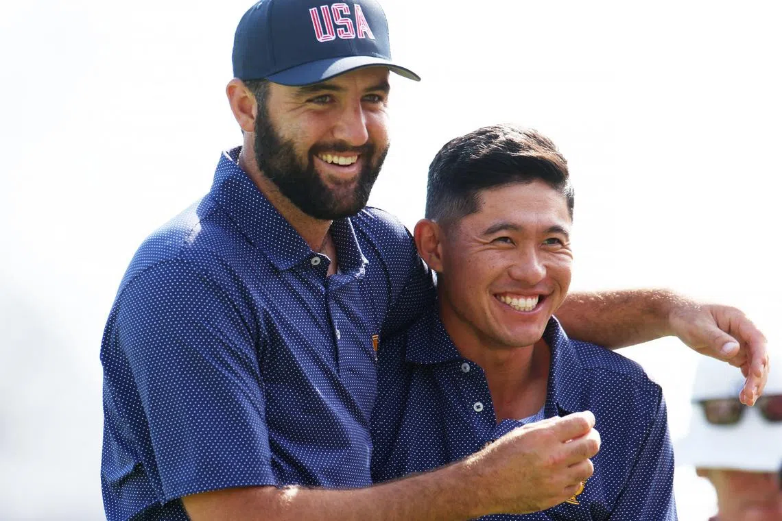 Team US' Scottie Scheffler (left) and Collin Morikawa celebrating on the 17th green, on Sept 28.