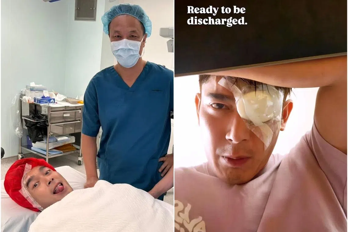 Elvin Ng shares a photos of himself on the operating table with his doctors (left) and with his eye patched up as he prepared to be discharged.