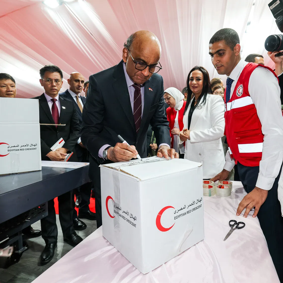 President Tharman Shanmugaratnam visiting the Egyptian Red Crescent headquarters while on his state visit to Cairo on Sept 21.