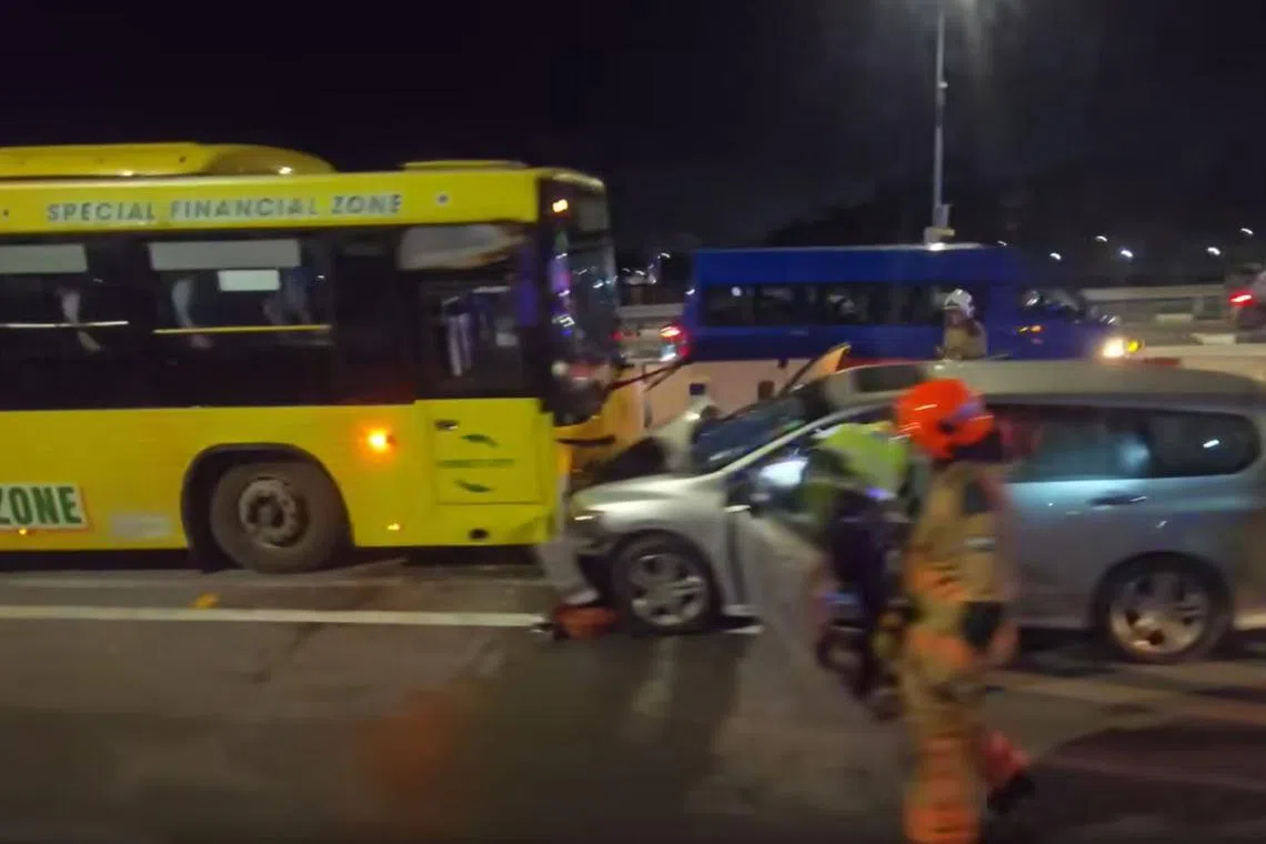 A departing Singapore-registered car collided with an arriving Malaysia-registered bus along the Causeway at about 5.30am on May 24.