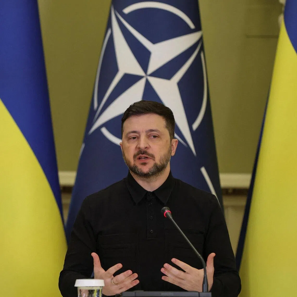Ukrainian President Volodymyr Zelensky speaking to the media during a joint press conference with NATO Secretary-General Mark Rutte in Kyiv, Ukraine, on Feb 3.