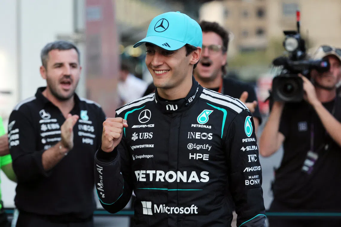 Mercedes’ George Russell celebrates after winning the Azerbaijan Grand Prix on Sept 26.