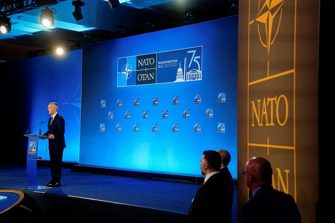 Nato Secretary General Jens Stoltenberg holds a press conference, during Nato's 75th anniversary summit, in Washington, on July 10.