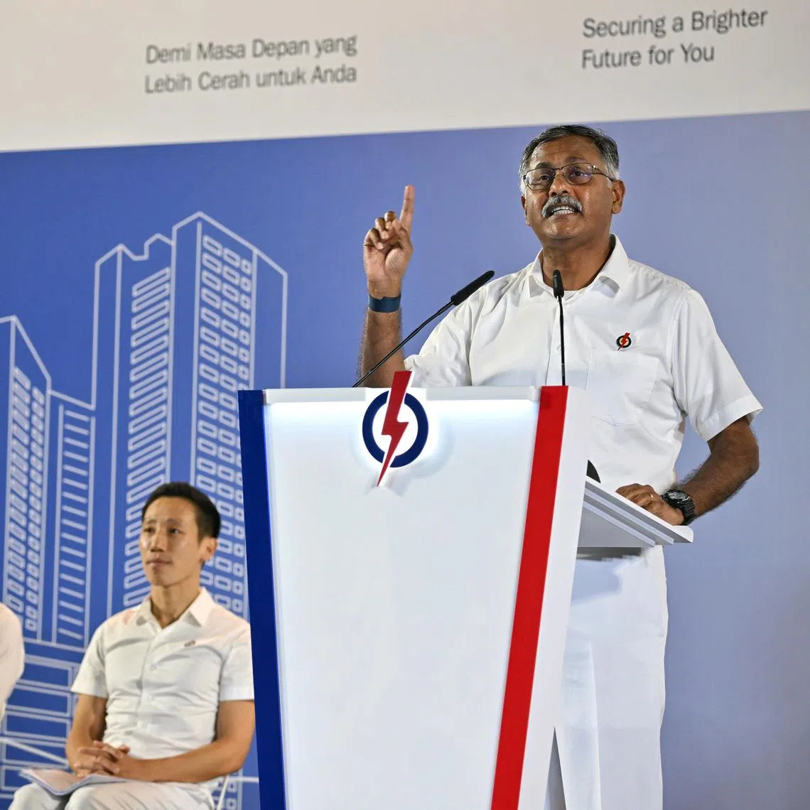 Jurong East-Bukit Batok GRC team member, Murali Pillai speaking during the rally at Jurong East Stadium, on Apr 28, 2025.

hsrally28 / ssrally28
