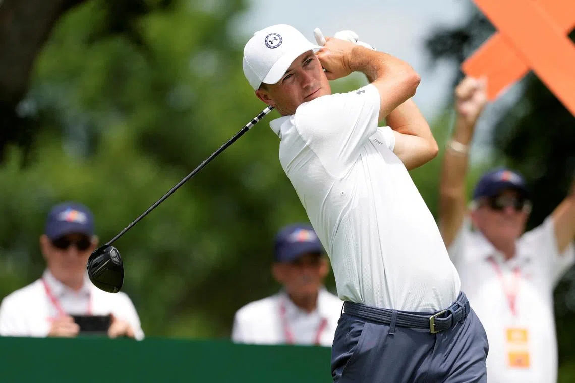 FILE PHOTO: May 3, 2024; McKinney, Texas, USA; Jordan Spieth plays his shot from the second tee during the second round of THE CJ CUP Byron Nelson golf tournament. Mandatory Credit: Jim Cowsert-USA TODAY Sports/File Photo