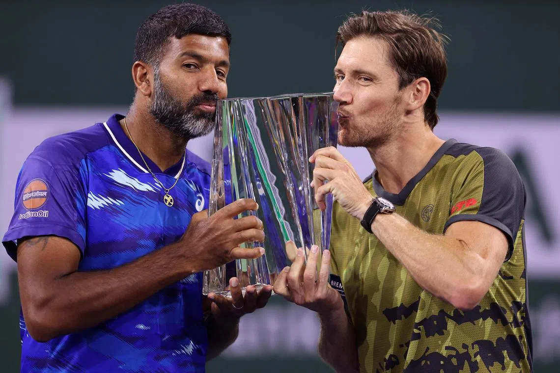 Rohan Bopanna of India and Matthew Ebden of Australia celebrating after defeating Wesley Koolhof of Netherlands and Neal Skupski of Britain in the Indian Wells men's doubles final on March 18, 2023 in California. 