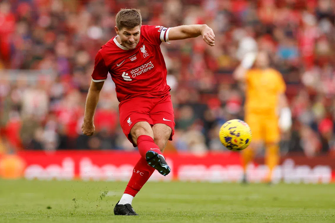 Soccer Football - Friendly Match - Liverpool Legends v Ajax Legends - Anfield, Liverpool, Britain - March 23, 2024 Liverpool Legends' Steven Gerrard in action Action Images via Reuters/Jason Cairnduff