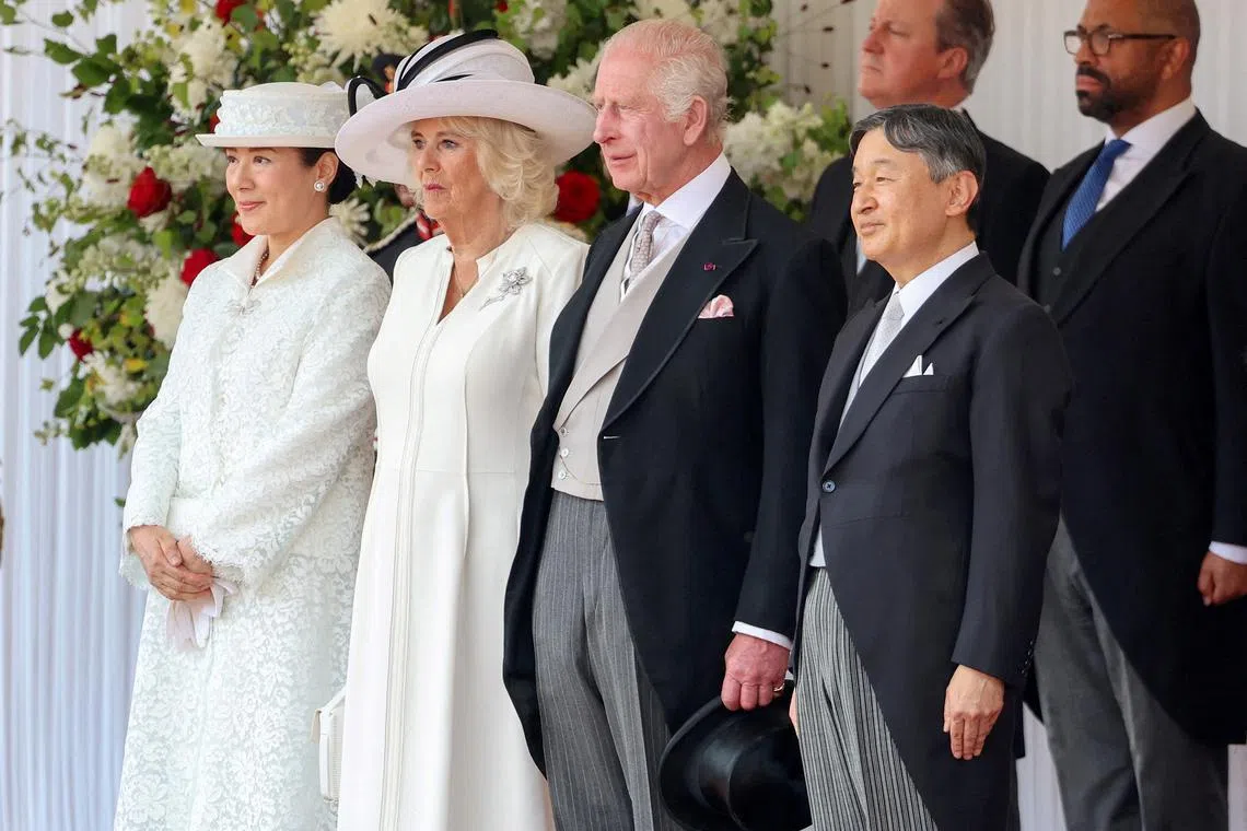 Britain's King Charles and Queen Camilla with Emperor Naruhito and Empress Masako of Japan attend the ceremonial welcome for the Emperor and Empress during their state visit to Britain, at Horse Guards Parade on June 25, 2024 in London, Britain.      Chris Jackson/Pool via REUTERS