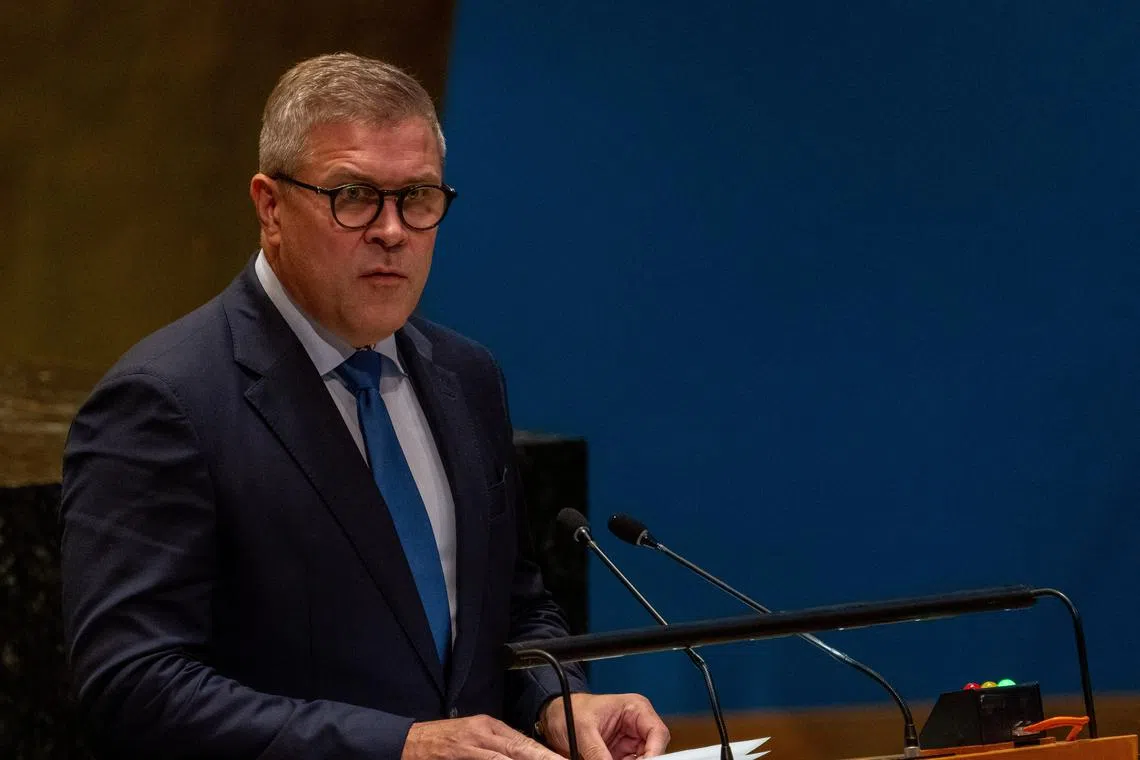 FILE PHOTO: Prime Minister of Iceland Bjarni Benediktsson addresses the \"Summit of the Future\" in the General Assembly Hall at United Nations Headquarters in New York City, U.S., September 22, 2024. REUTERS/David Dee Delgado/File Photo