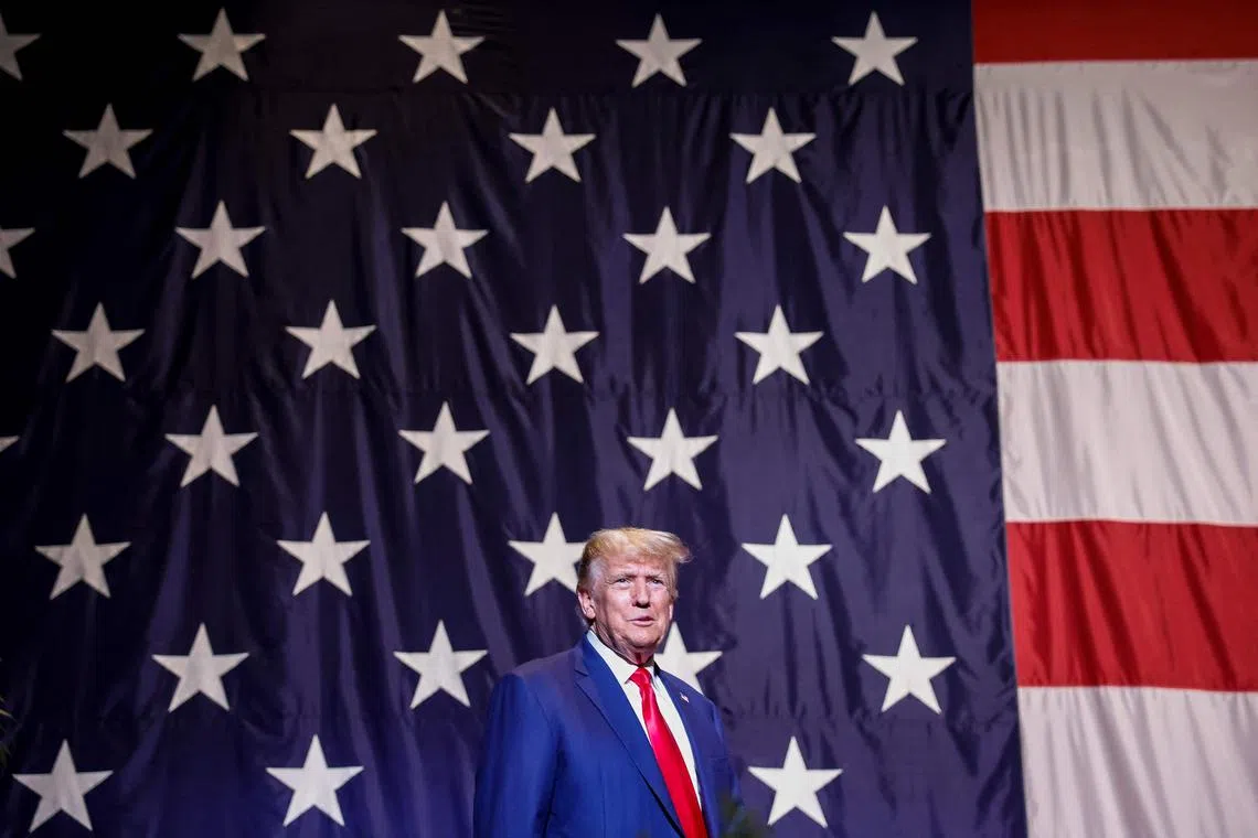 Former US President Donald Trump arriving to deliver remarks to the Georgia state Republican  convention at the Columbus Convention and Trade Center on Saturday in Columbus, Georgia. 