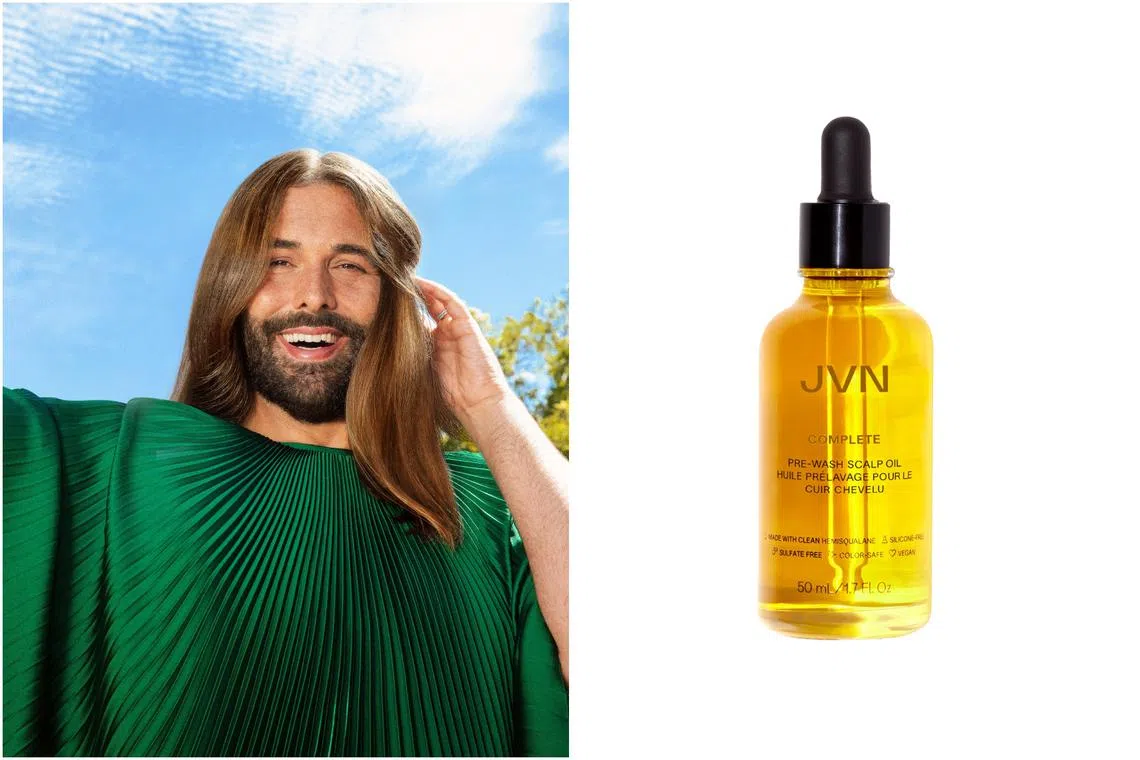 Jonathan Van Ness, grooming expert on the Netflix's Queer Eye, launched his new haircare line, with products such as the JVN Complete Pre-Wash Scalp Oil (right).