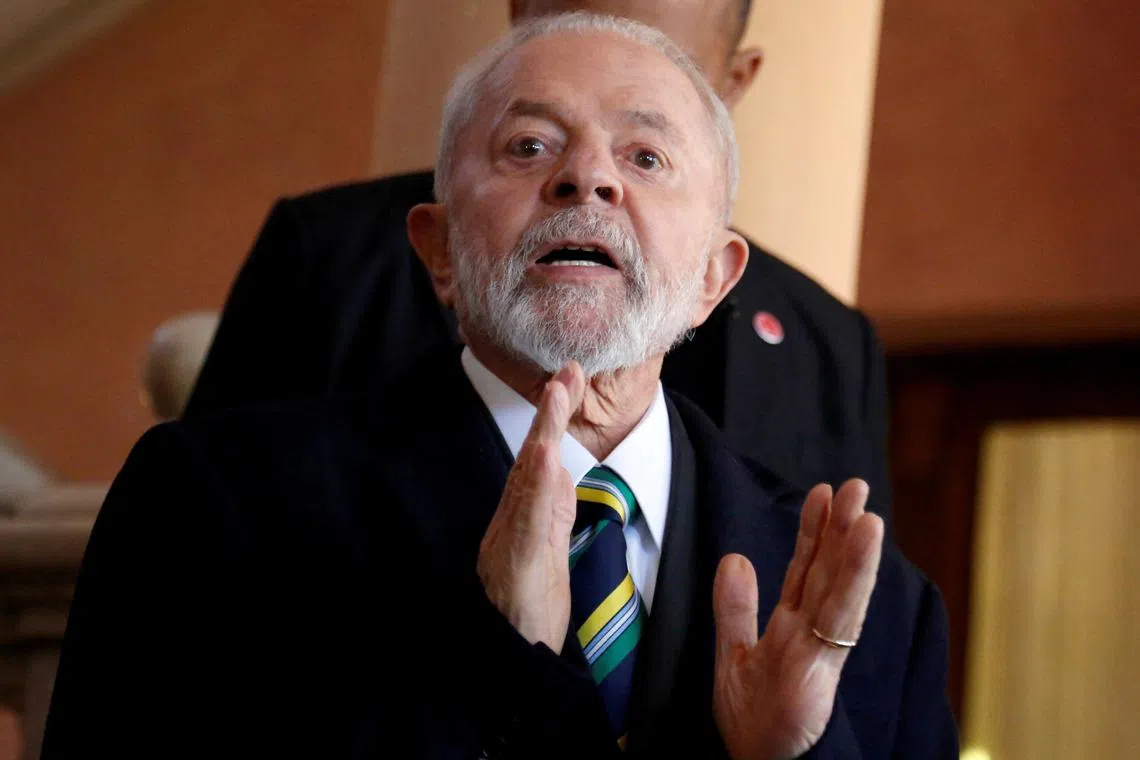 Brazil's President Luiz Inacio Lula da Silva gestures to media during the Mercosur summit in Asuncion, Paraguay July 8, 2024. REUTERS/Cesar Olmedo