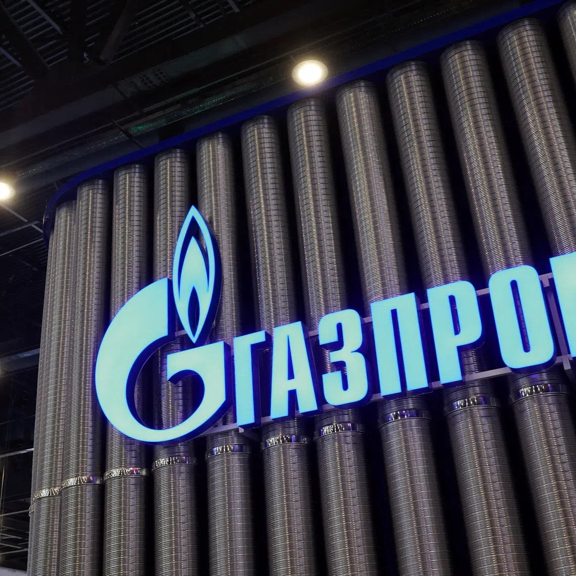 The logo of Gazprom displayed at the Saint Petersburg international gas forum in Saint Petersburg, Russia October 9, 2025.  REUTERS/Anton Vaganov