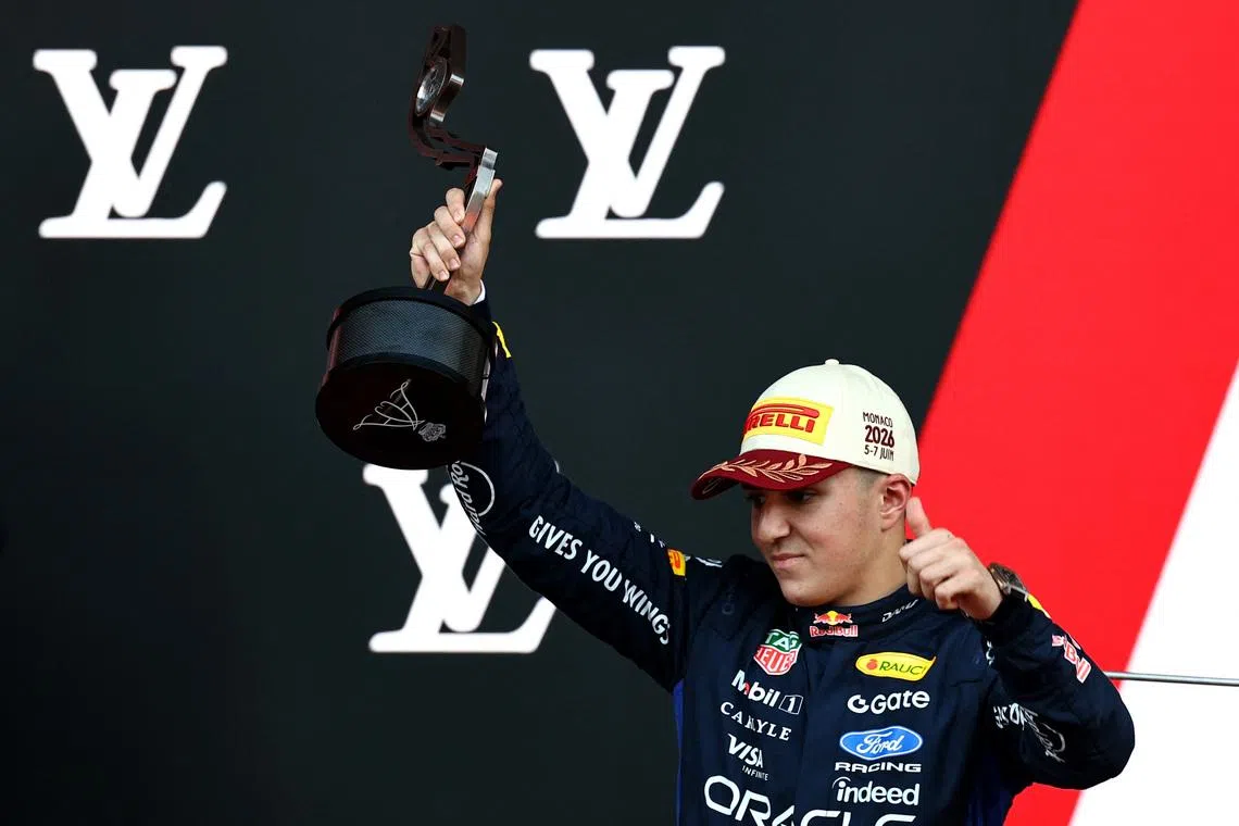 Formula One F1 - Monaco Grand Prix - Circuit de Monaco, Monaco - June 7, 2026 Red Bull's Isack Hadjar celebrates with the trophy on the podium after finishing third in the Monaco Grand Prix REUTERS/Manon Cruz