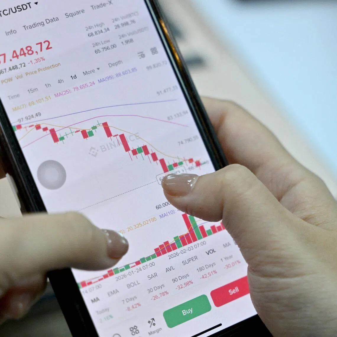 A Vietnamese cryptocurrency investor looking at the latest Bitcoin values on a smartphone in Hanoi. 