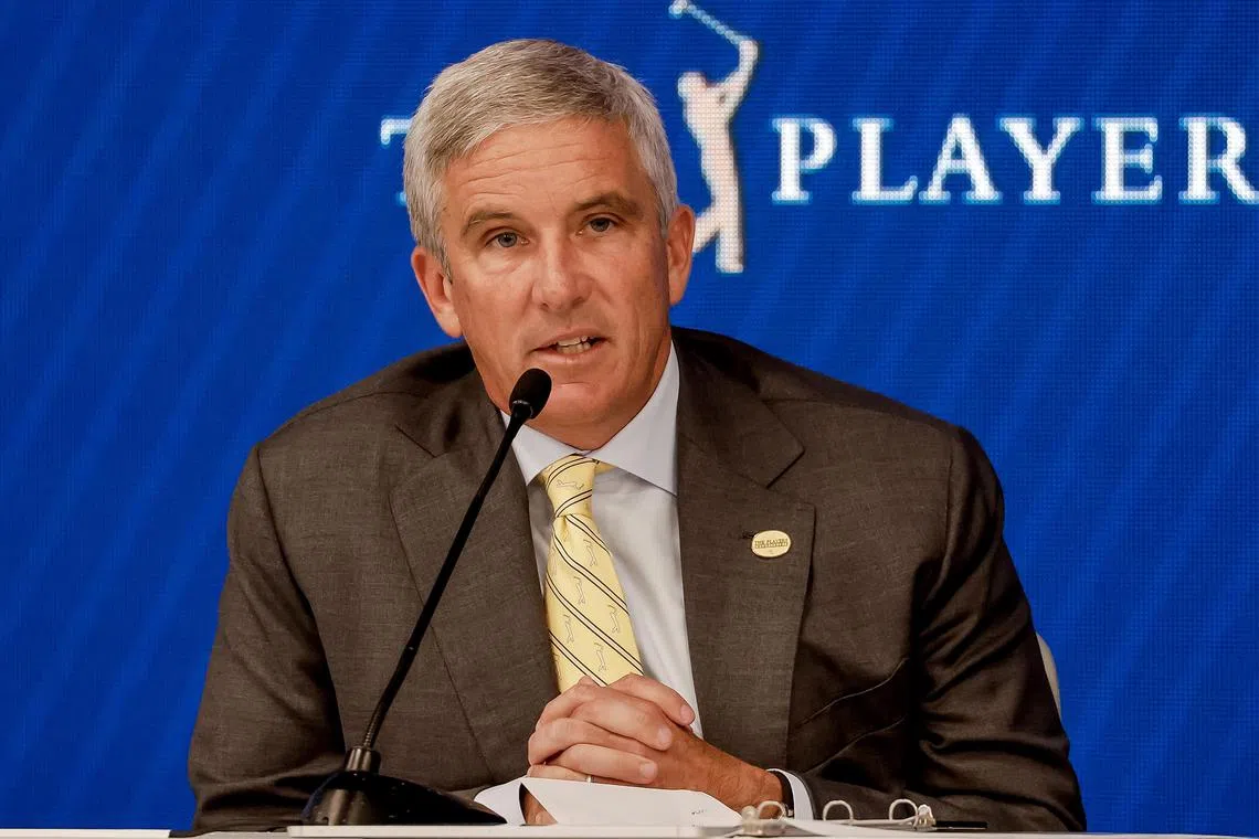PGA Tour commissioner Jay Monahan speaking to the press before The Players Championship golf tournament at TPC Sawgrass in Ponte Vedra Beach, Florida.