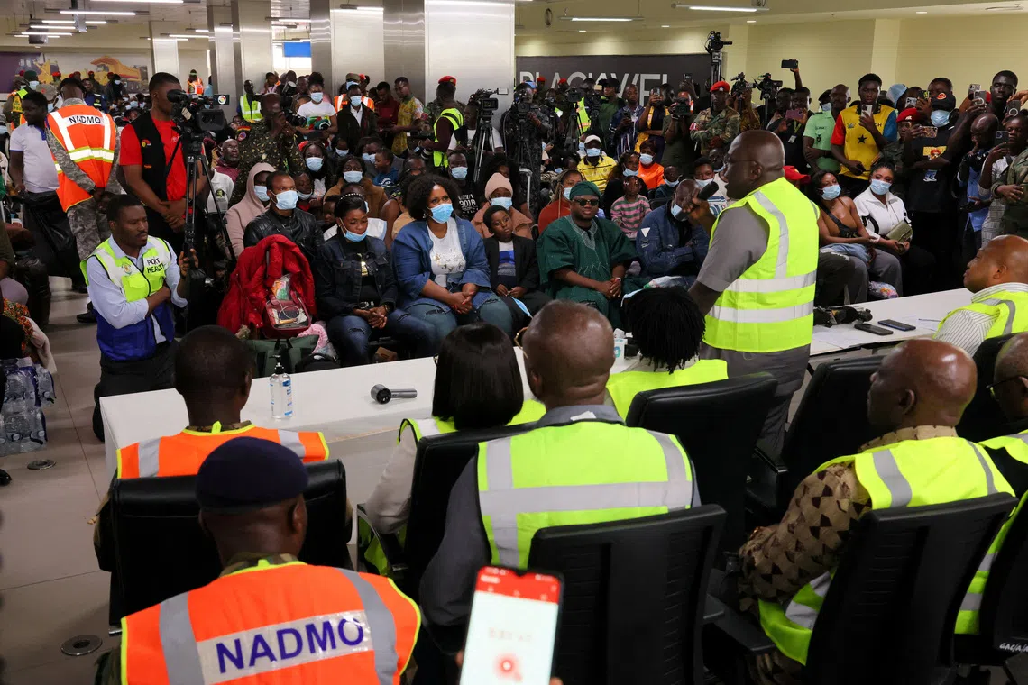 FILE PHOTO: Ghanaian citizens arrive at the Accra International Airport as Ghana repatriates hundreds of its citizens from South Africa following instances of violence against migrants from other sub-Saharan African countries, amid a wave ‌of anti-immigration protests, in Accra, Ghana May 27, 2026. REUTERS/Francis Kokoroko/File Photo
