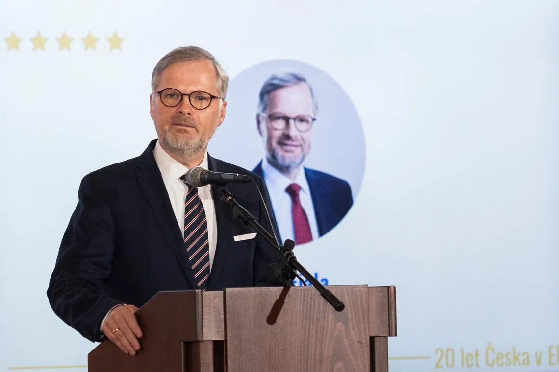 FILE PHOTO: Czech Republic's Prime Minister Petr Fiala attends a conference '20 years of the Czech Republic in the EU: A vision for an enlarged Europe' at Prague Castle in Prague, Czech Republic, April 30, 2024. REUTERS/Eva Korinkova/File Photo