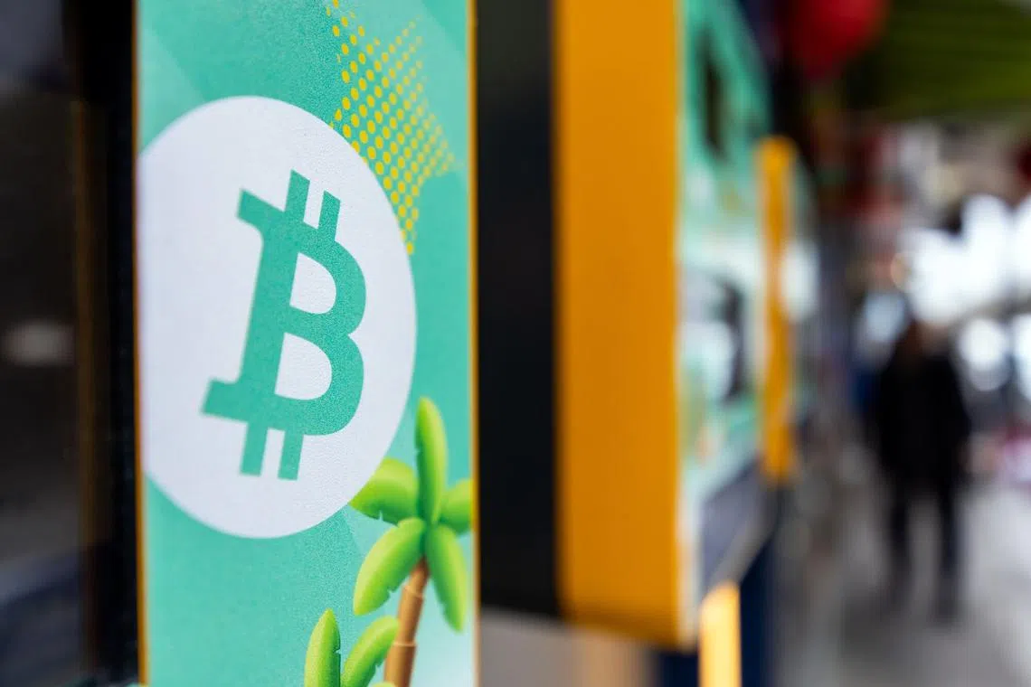 The prices of Bitcoin and Ethereum against US dollars on a screen in Hong Kong on Feb 29.