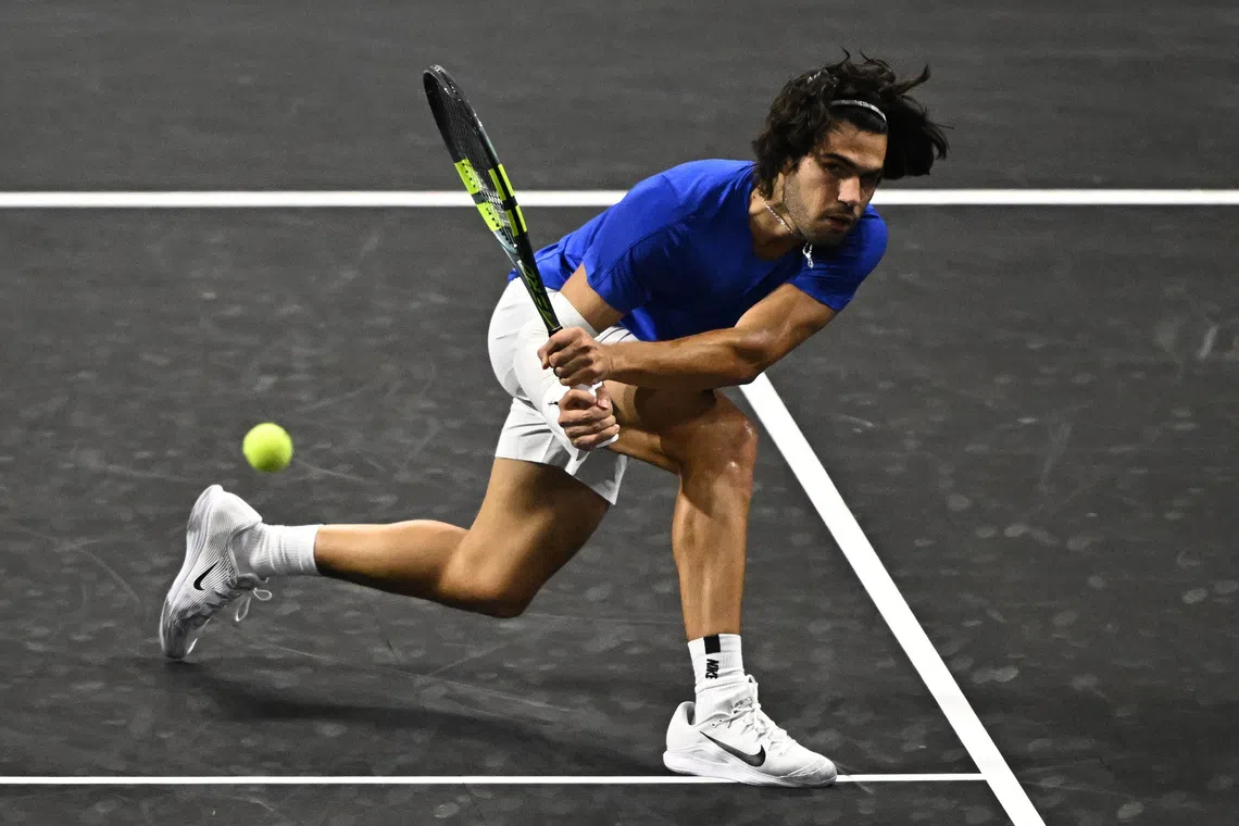 Tennis - Laver Cup - O2 Arena, London, Britain - September 26, 2026 Team Europe's Carlos Alcaraz in action during his singles match against Team World's Taylor Fritz REUTERS/Dylan Martinez