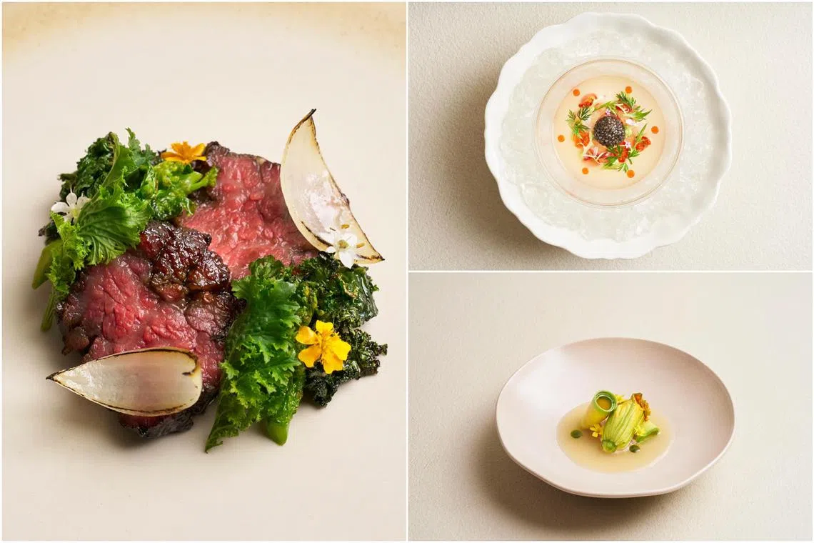 (Clockwise from left) So Galbi, the main course of Episode Nine at Nae:um, Tomato Dongchimi and Chogye.