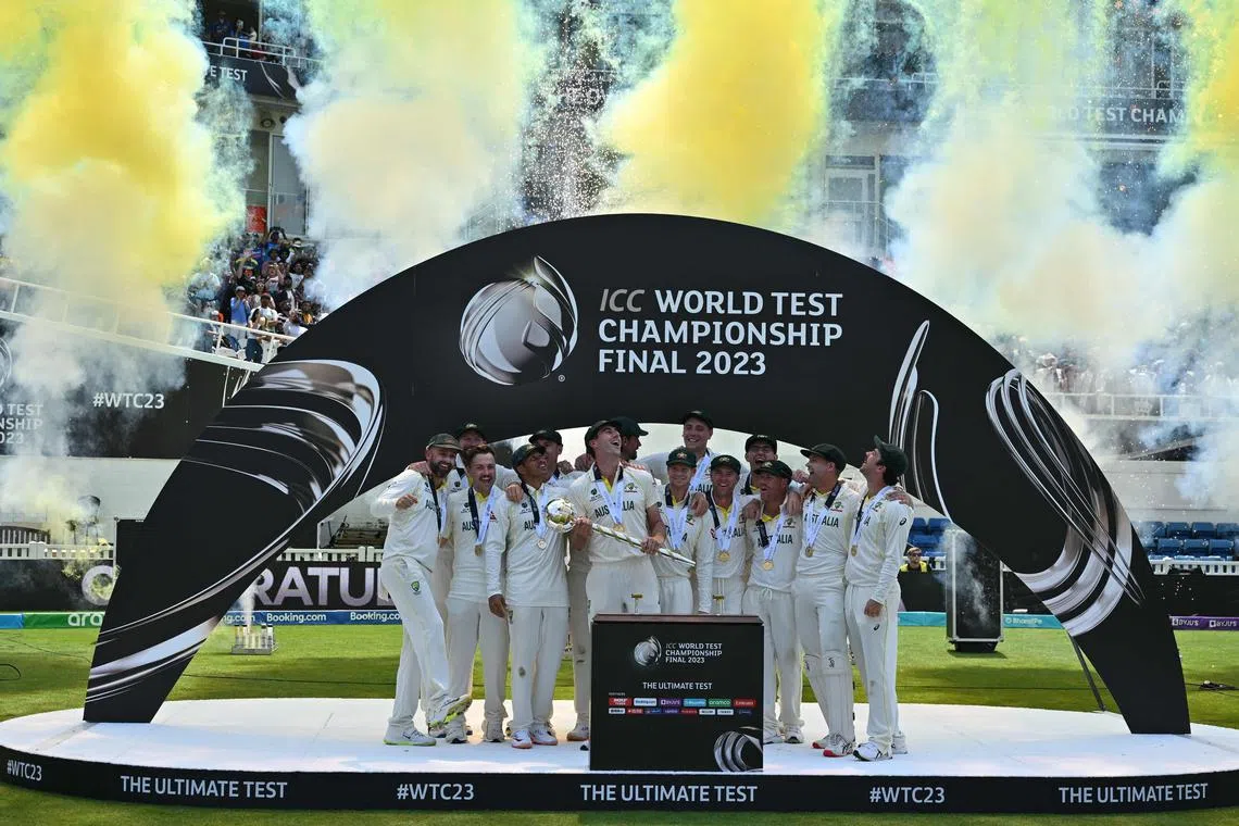 Team Australia after their victory in the ICC World Test Championship cricket final match against India at The Oval, in London.