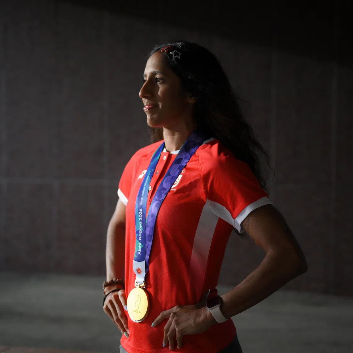 Shanti Pereira, the 2026 Asian Games 200m gold medalist, pictured at her hotel on Sept 30.