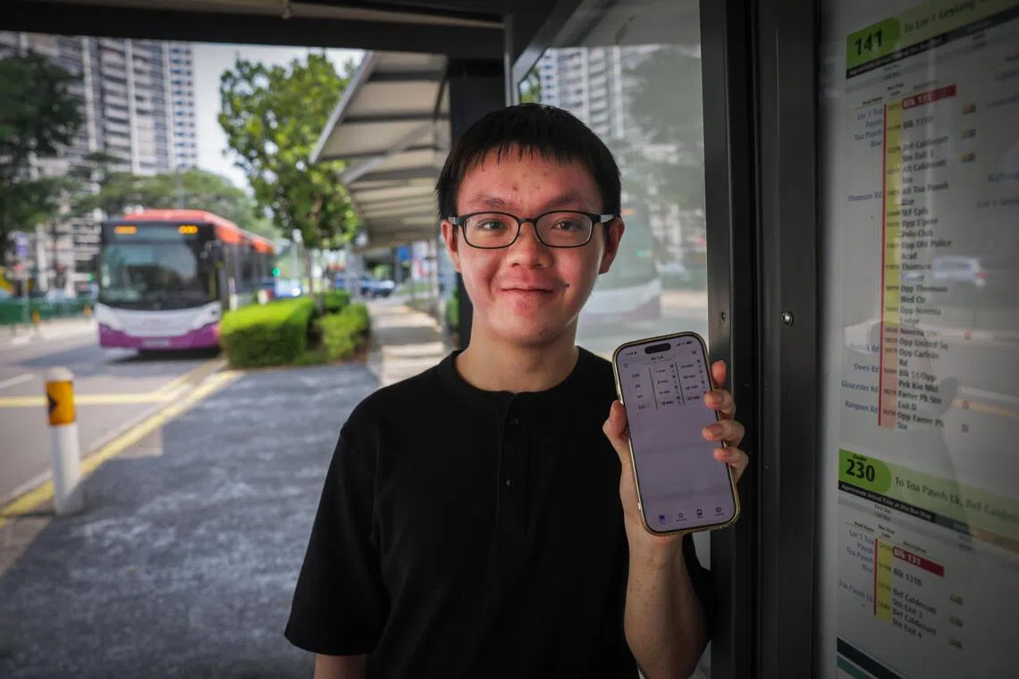 University student Lee Kiah Hong showing the app he and his friends designed for visually impaired people to identify bus services.