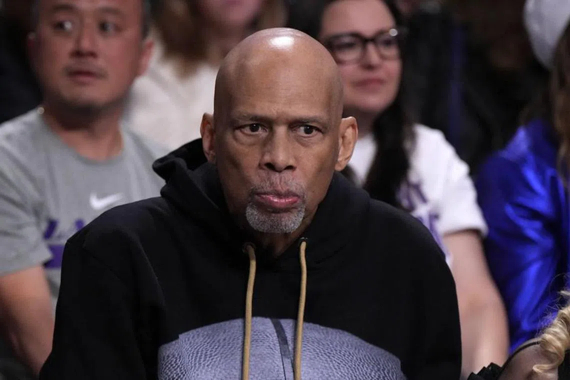 FILE PHOTO: May 8, 2023; Los Angeles, California, USA; Kareem Abdul-Jabbar reacts during game four of the 2023 NBA playoffs between the Los Angeles Lakers and the Golden State Warriors at Crypto.com Arena. Mandatory Credit: Kirby Lee-USA TODAY Sports/File Photo