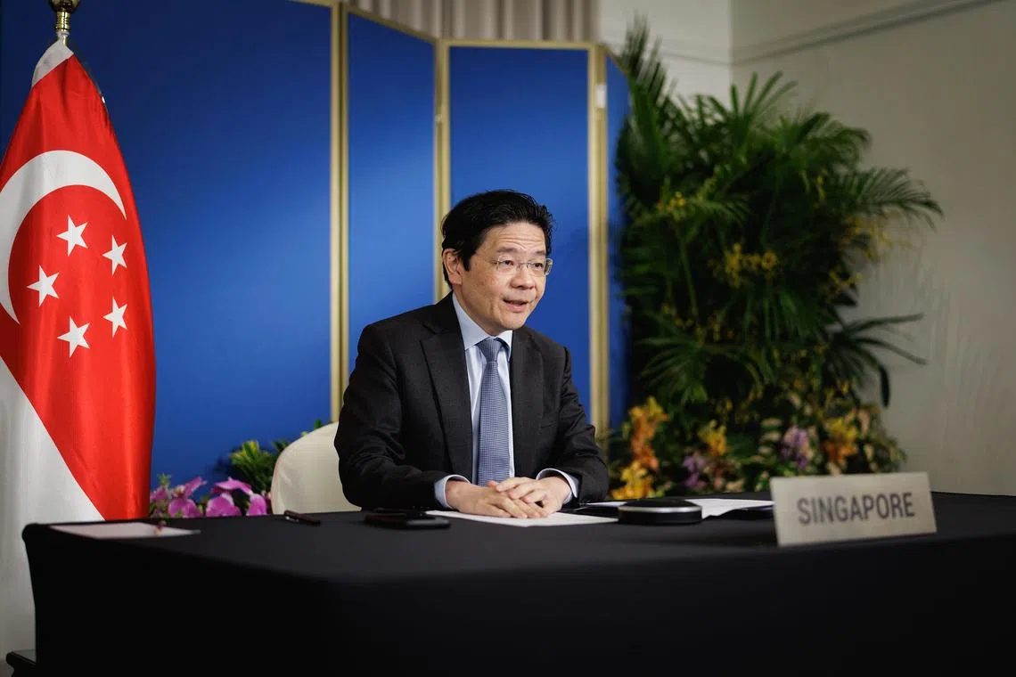 PM Lawrence Wong speaking to world leaders at an April 17 meeting on the Strait of Hormuz that was hosted by France and Britain. 