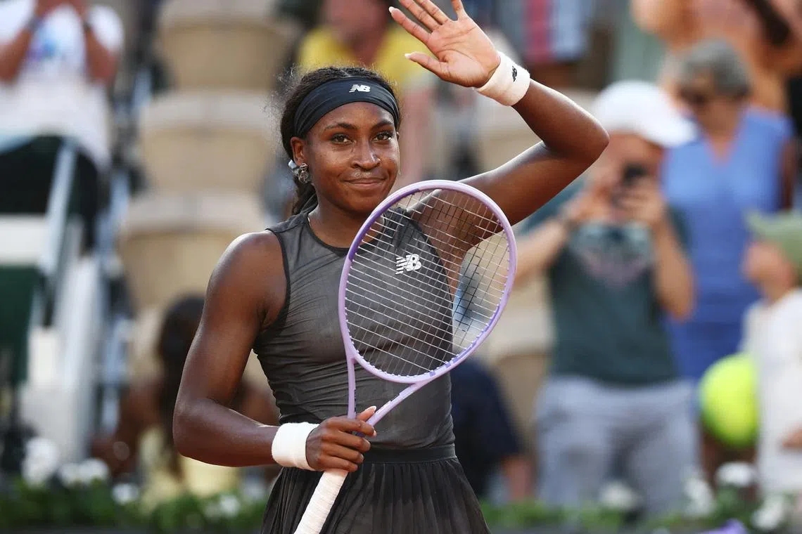Tennis - French Open - Roland Garros, Paris, France - May 28, 2026 Coco Gauff of the U.S. celebrates winning her second round match against Egypt's Mayar Sherif REUTERS/Guglielmo Mangiapane