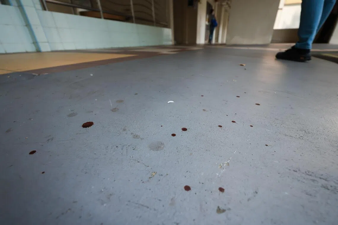 Dried blood on the ground at Block 57 Telok Blangah Heights on Oct 6, where the stabbing incident is believed to have started the previous night.