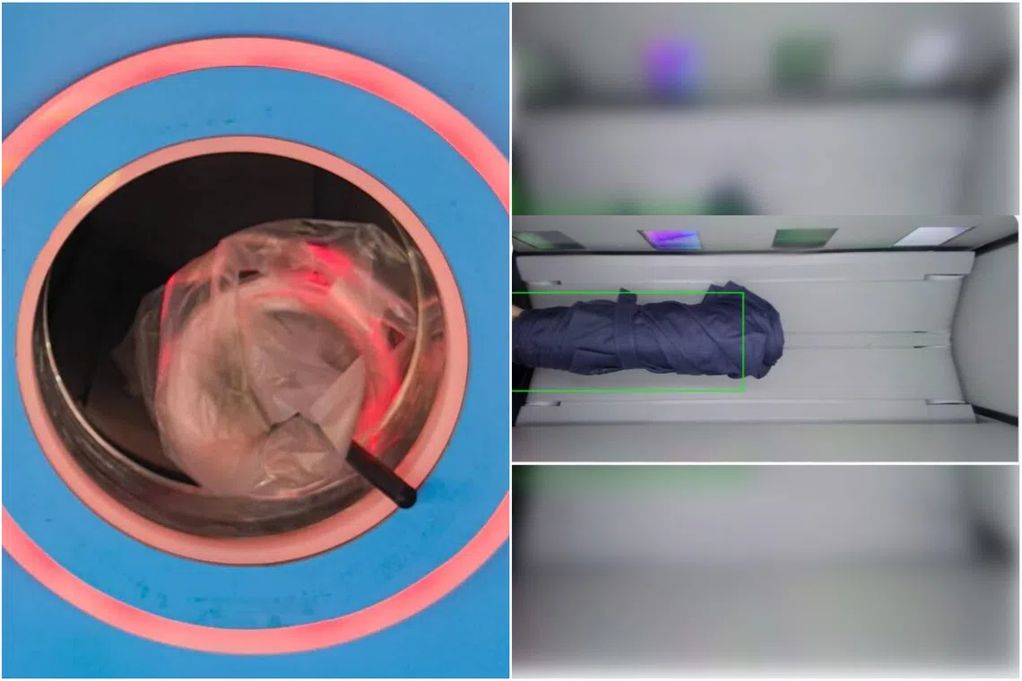 A plastic cup (left) jammed the opening of a reverse vending machine. Other inappropriate items found in some machines islandwide include an umbrella (right) and an electronics charging case.