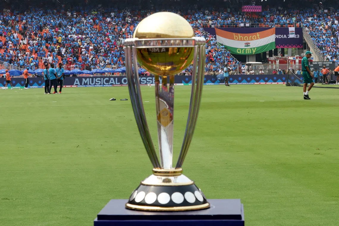 FILE PHOTO: Cricket - ICC Cricket World Cup 2023 - India v Pakistan - Narendra Modi Stadium, Ahmedabad, India - October 14, 2023 The ICC Cricket World Cup trophy is pictured inside the stadium before the match REUTERS/Amit Dave/File Photo