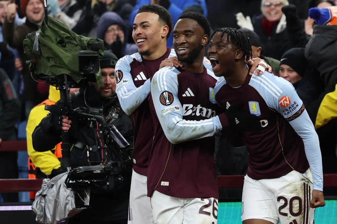 Aston Villa's Jamaldeen Jimoh-Aloba (right) celebrates with teammates after scoring the winning goal against Salzburg on Jan 29.
