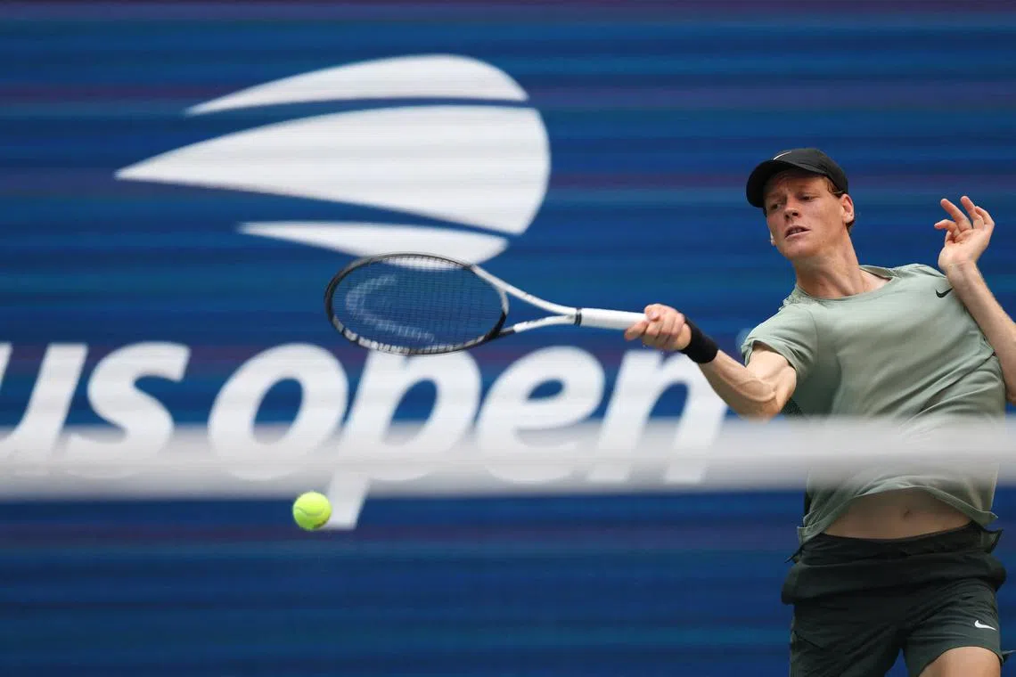 Tennis - U.S. Open - Flushing Meadows, New York, United States - August 27, 2024 Italy's Jannik Sinner in action during his first round match against Mackenzie McDonald of the U.S. REUTERS/Andrew Kelly