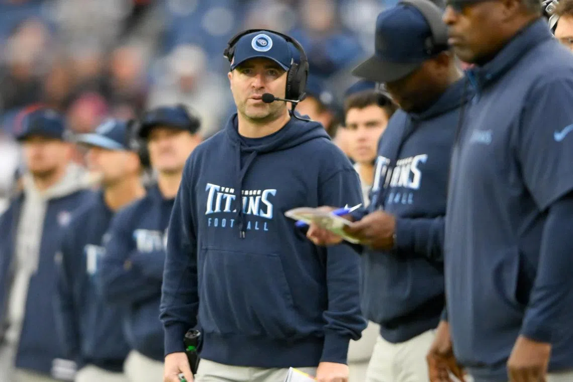 Dec 15, 2024; Nashville, Tennessee, USA;  Tennessee Titans head coach Brian Callahan watch from the sideline against the Cincinnati Bengals during the second half at Nissan Stadium. Steve Roberts-Imagn Images/File Photo