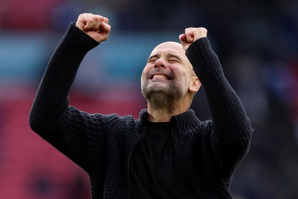 Soccer Football - FA Cup - Semi Final - Manchester City v Chelsea - Wembley Stadium, London, Britain - April 20, 2024 Manchester City manager Pep Guardiola celebrates after the match Action Images via Reuters/Paul Childs