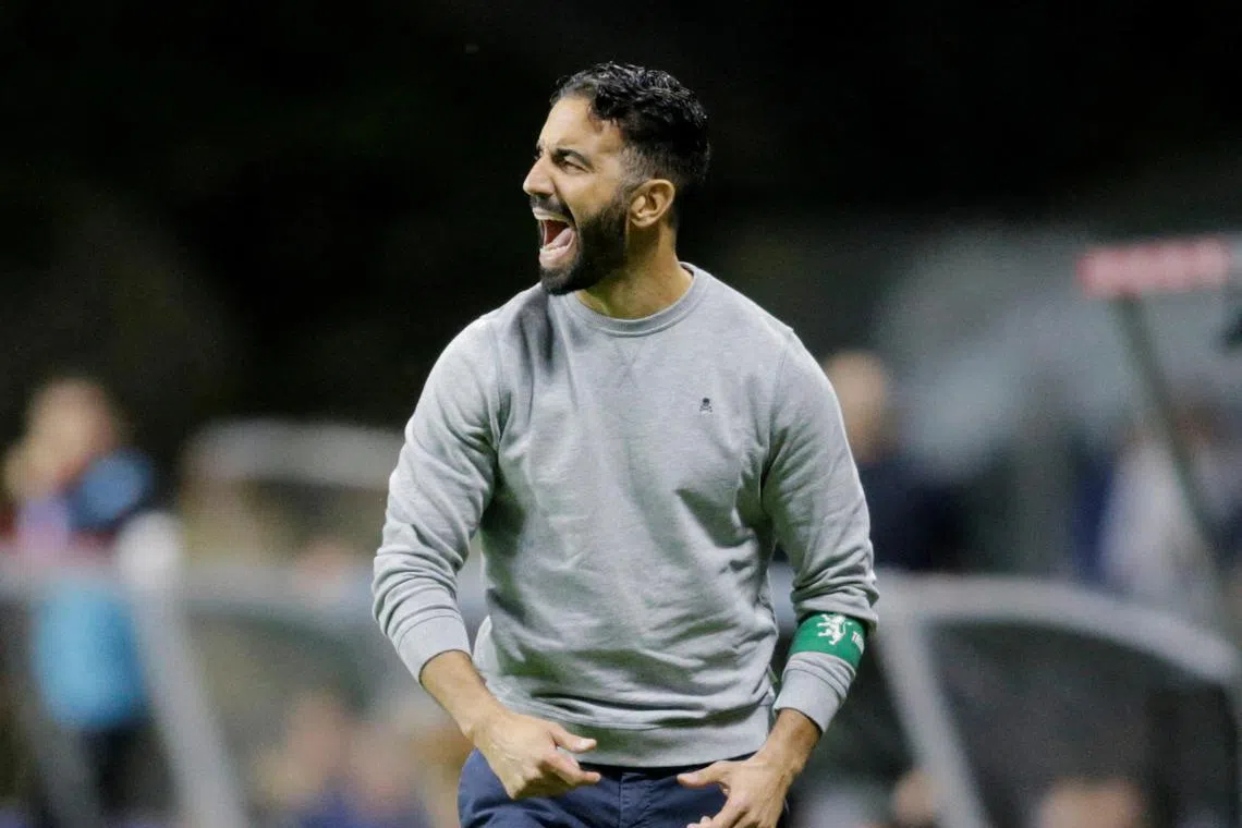 Outgoing Sporting Lisbon coach Ruben Amorim reacting during his side's 4-2 comeback victory against Braga at the  Estadio Municipal de Braga on Nov 10. It was his last match before taking over at Manchester United.
