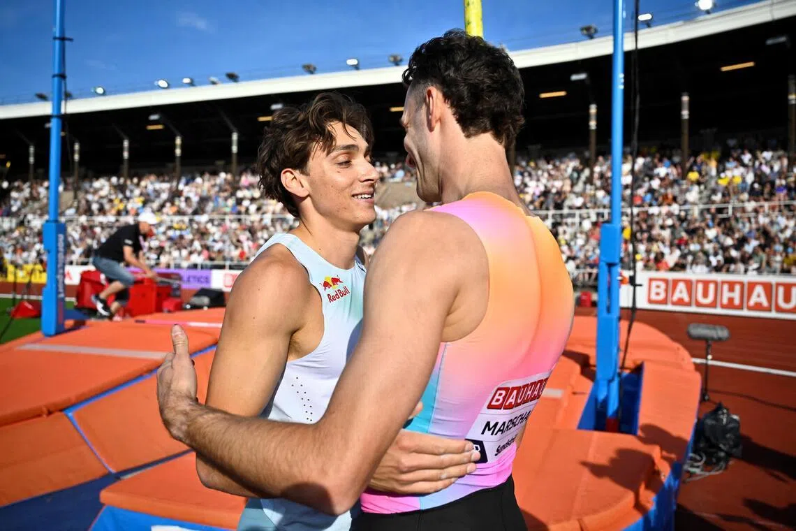 Sweden's Armand Duplantis (left) with winner Kurtis Marschall of Australia after the men's pole vault final at the Diamond League meet at Stockholm Olympic Stadium in Sweden on June 7, 2026.