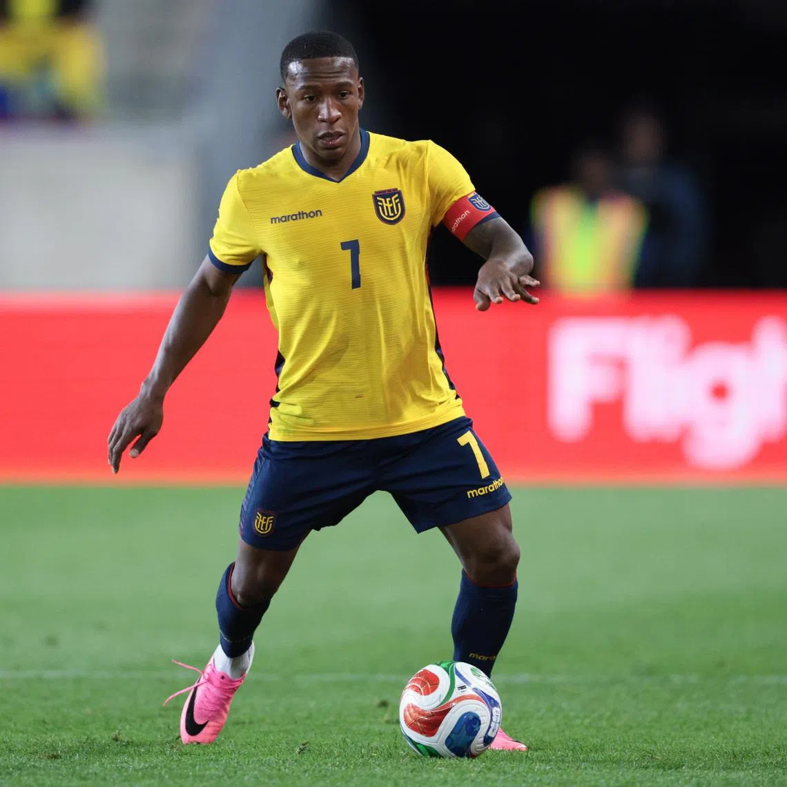 May 30, 2026; Harrison, New Jersey, USA; Ecuador defender Pervis Estupinan (7) in action against Saudi Arabia during the second half of an international friendly at Sports Illustrated Stadium. Mandatory Credit: Vincent Carchietta-Imagn Images