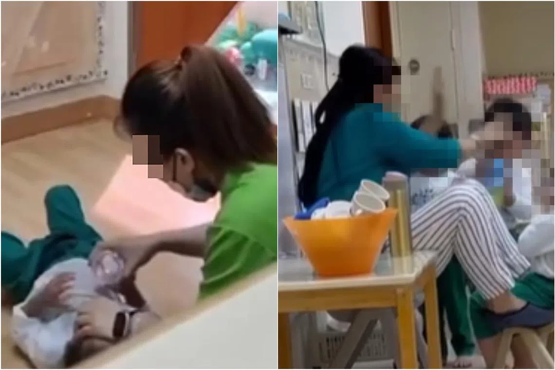 Videos were circulated online in August last year of former educators mistreating children at Kinderland centres at Woodlands Mart (left) and Sunshine Place.
