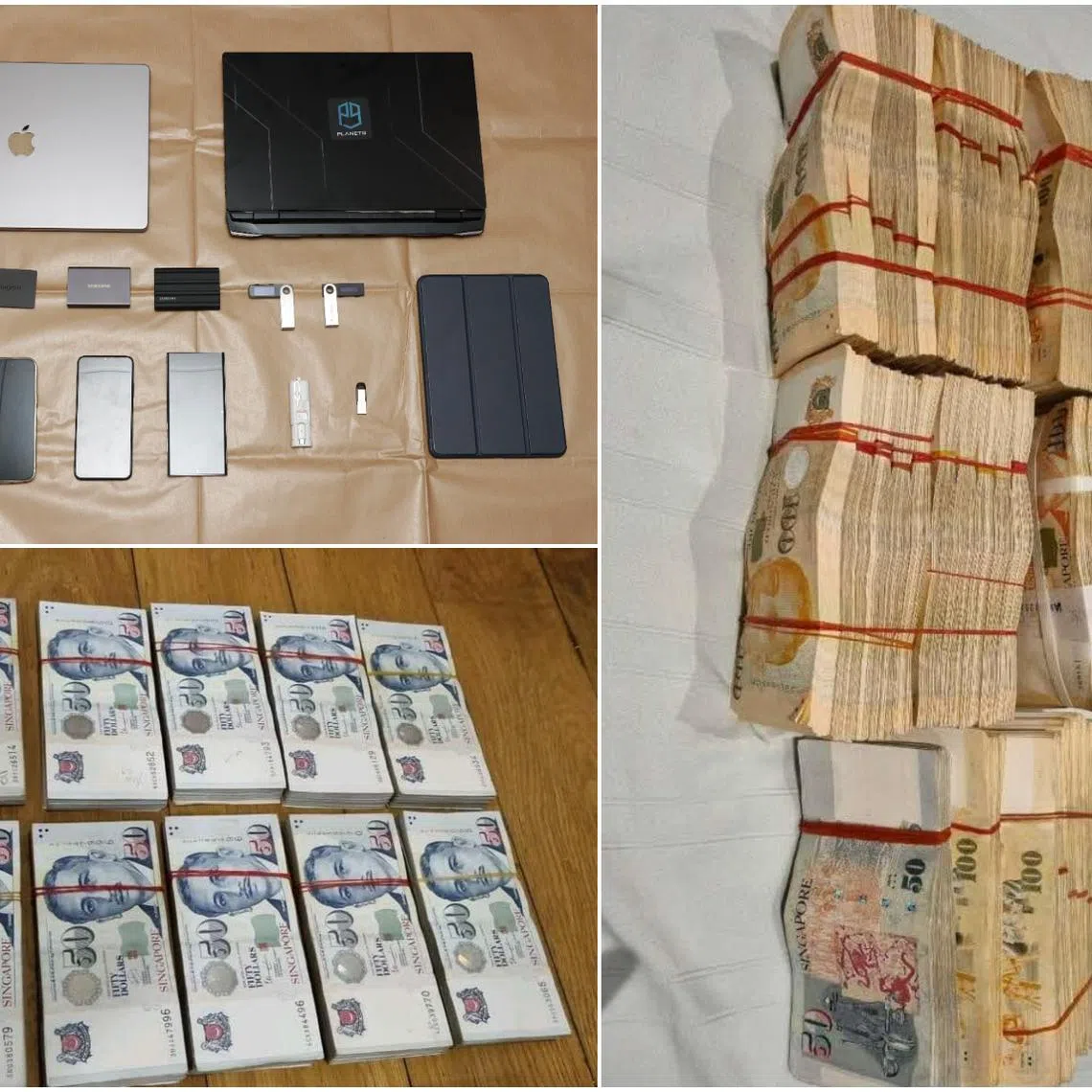 Electronic devices and cash seized from simultaneous raids at multiple locations on Sept 9 which led to the arrests of the six men.