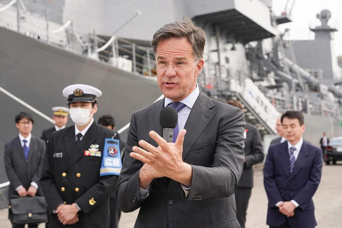 Nato Secretary-General Mark Rutte answers questions from reporters after an inspection of the Japan Maritime Self-Defense Force's Yokosuka Base in Yokosuka, Kanagawa prefecture on April 8.