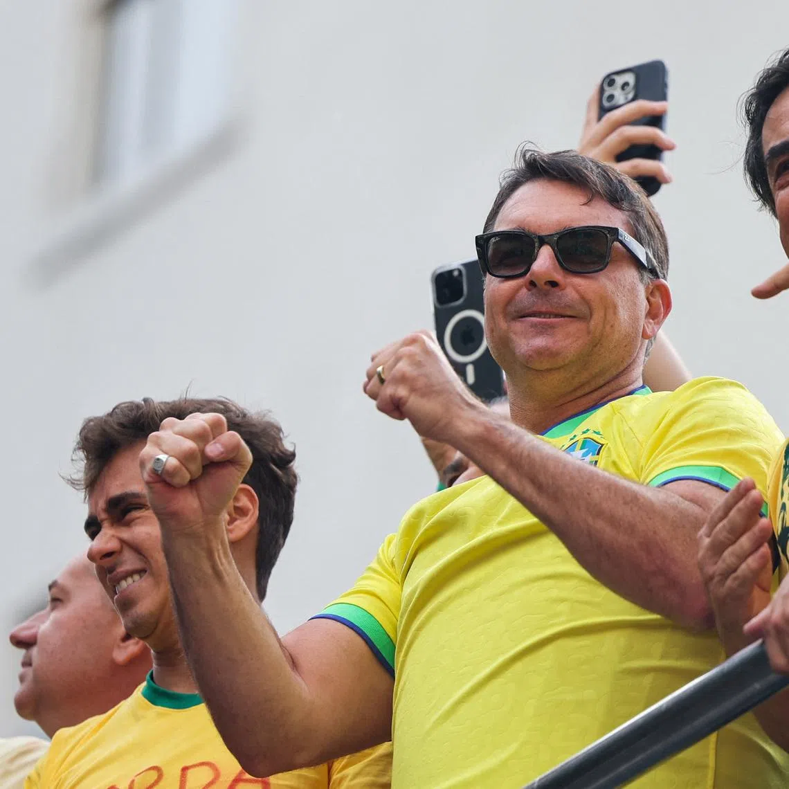 Brazil's senator Flavio Bolsonaro gestures, as he takes part in a campaign rally, as a pre-candidate of the right-wing, ahead of the presidential elections, in Sao Paulo, Brazil, March 1, 2026. REUTERS/Jorge Silva
