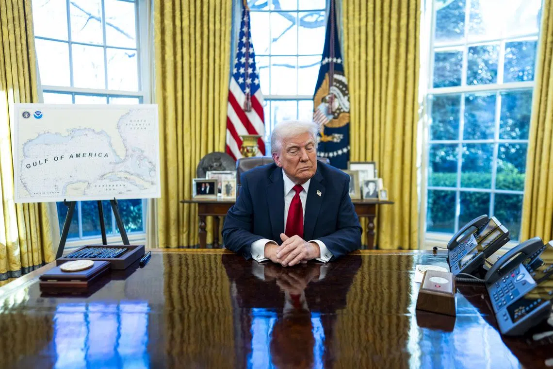 President Donald Trump speaks to reporters in the Oval Office of the White House in Washington, on March 26, 2025. 