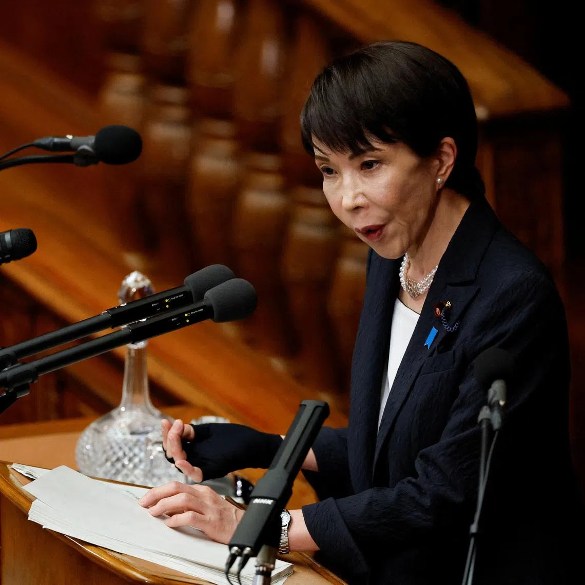 Japan Prime Minister Sanae Takaichi delivers her policy speech in Tokyo on Feb 20.