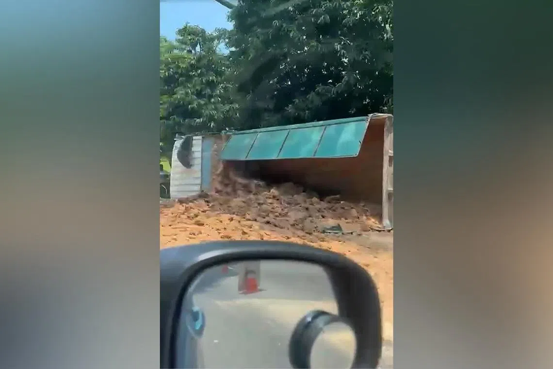 The tipper truck appears to have flipped on the rightmost lane of the AYE on April 16.